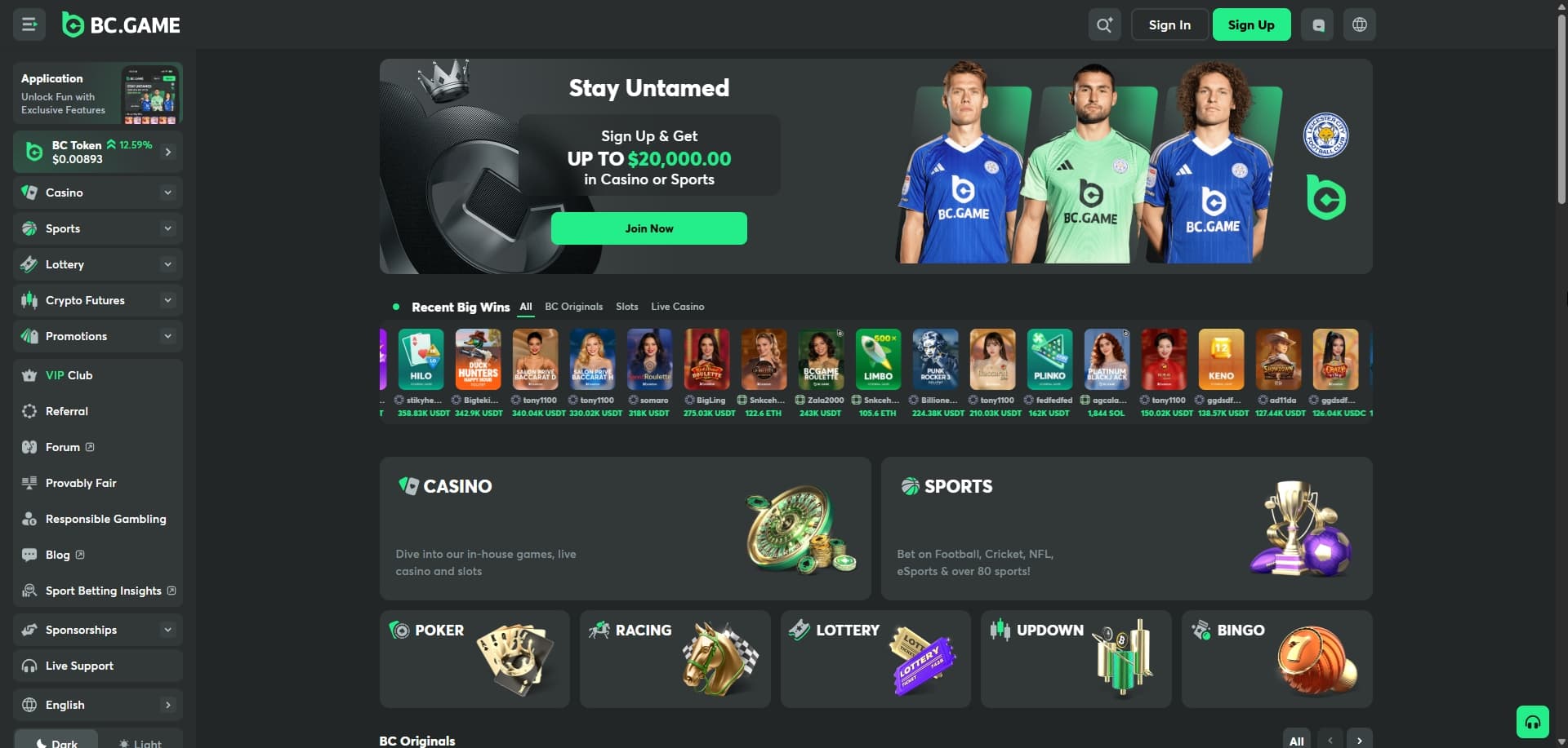 Page d'accueil BC Game