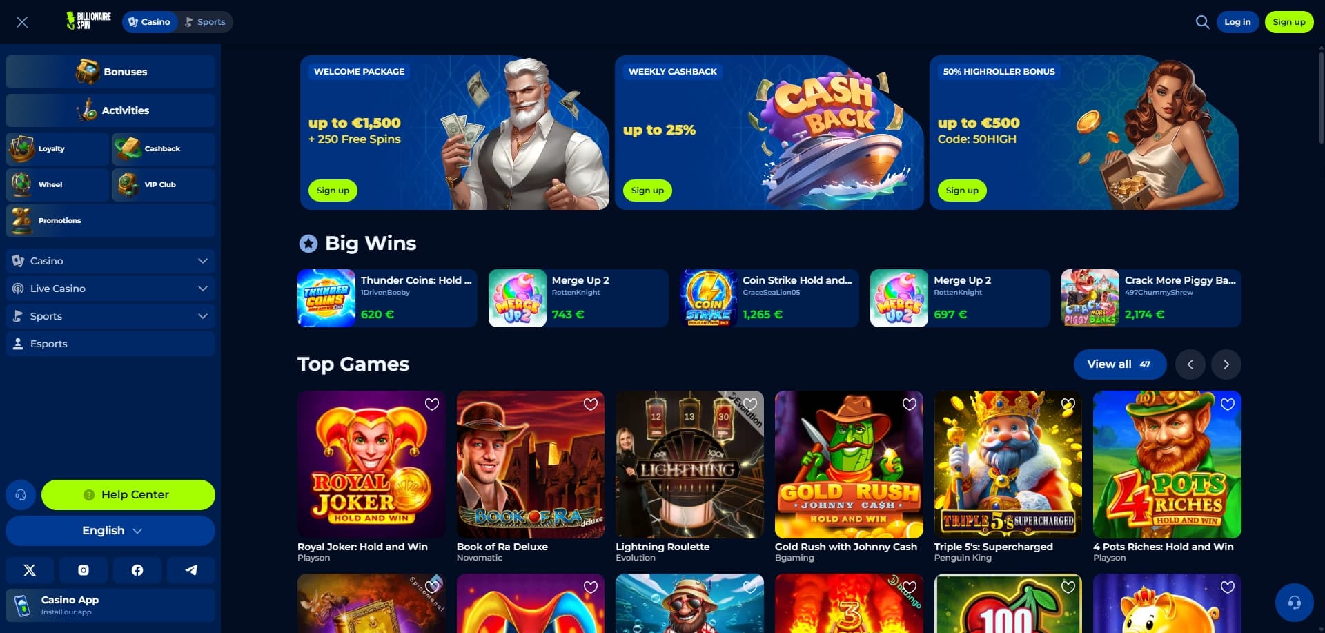 Page d'accueil Billionaire Spin