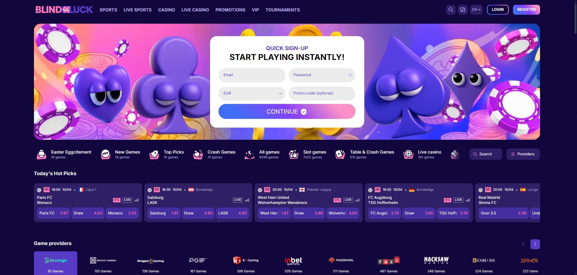 Page d'accueil BlindLuck