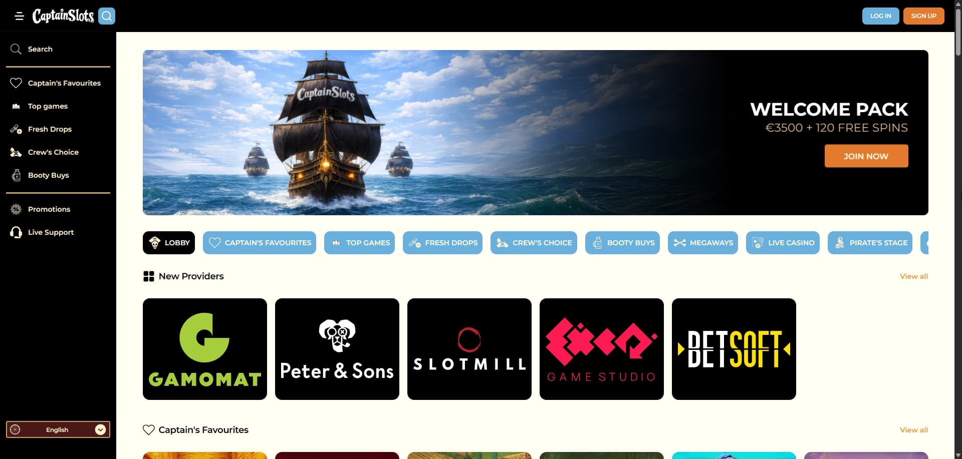 Page d'accueil Captain Slots