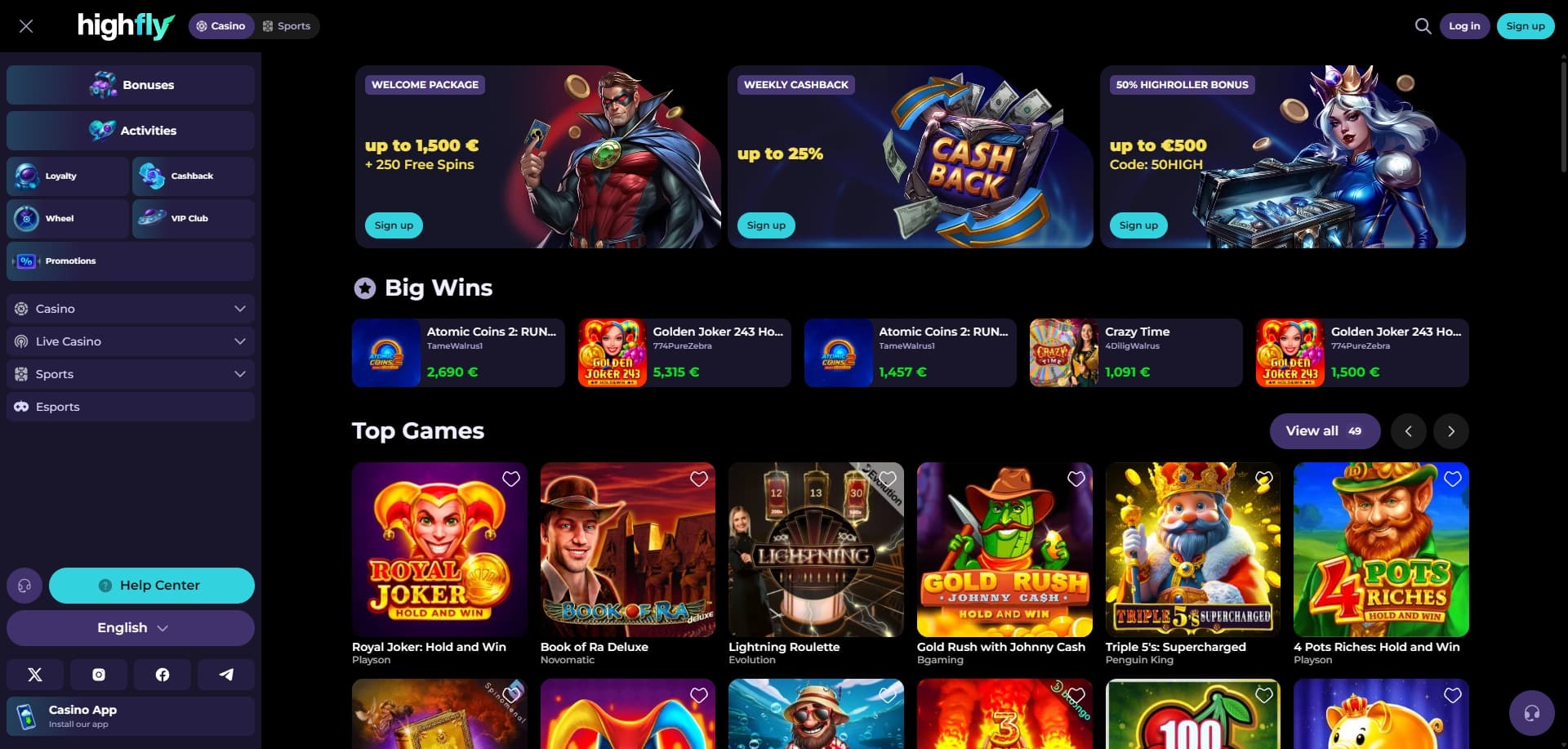 Page d'accueil HighFlyBet