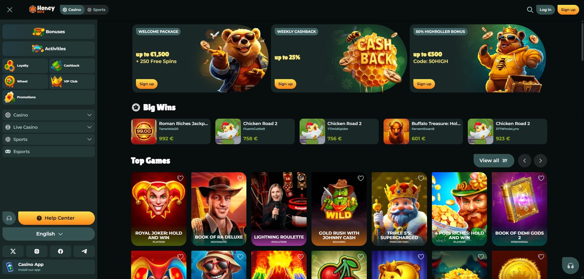 Page d'accueil Honeybetz