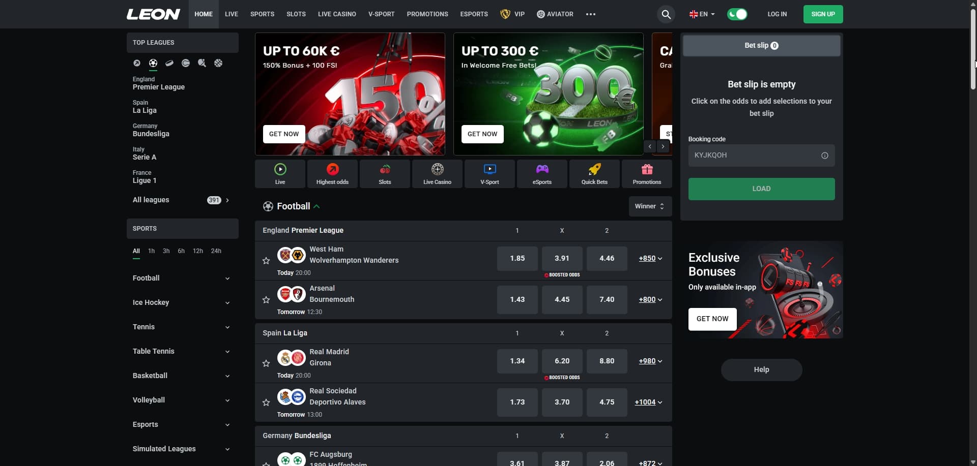 Page d'accueil LeonBet