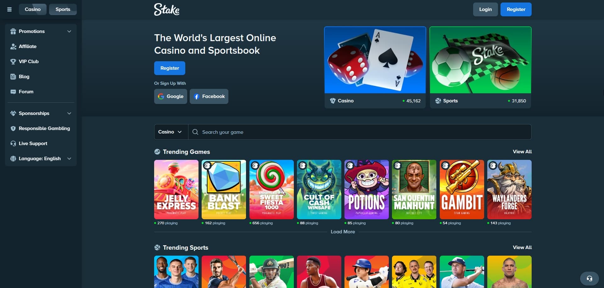 Page d'accueil Stake