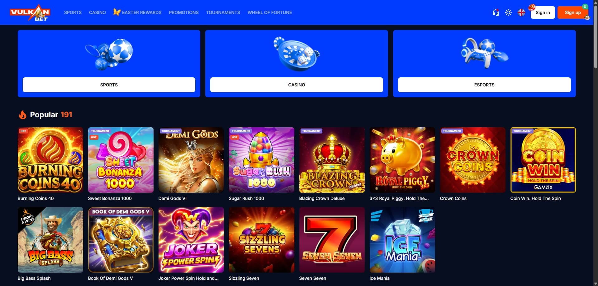 Page d'accueil Vulkan.bet